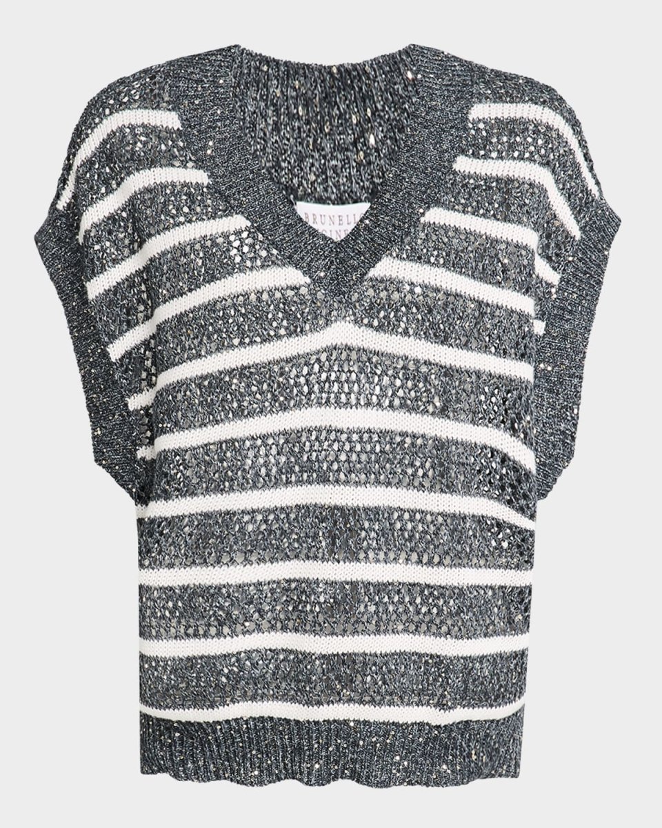 Antibes Striped Paillette Open-Knit Sleeveless Sweat